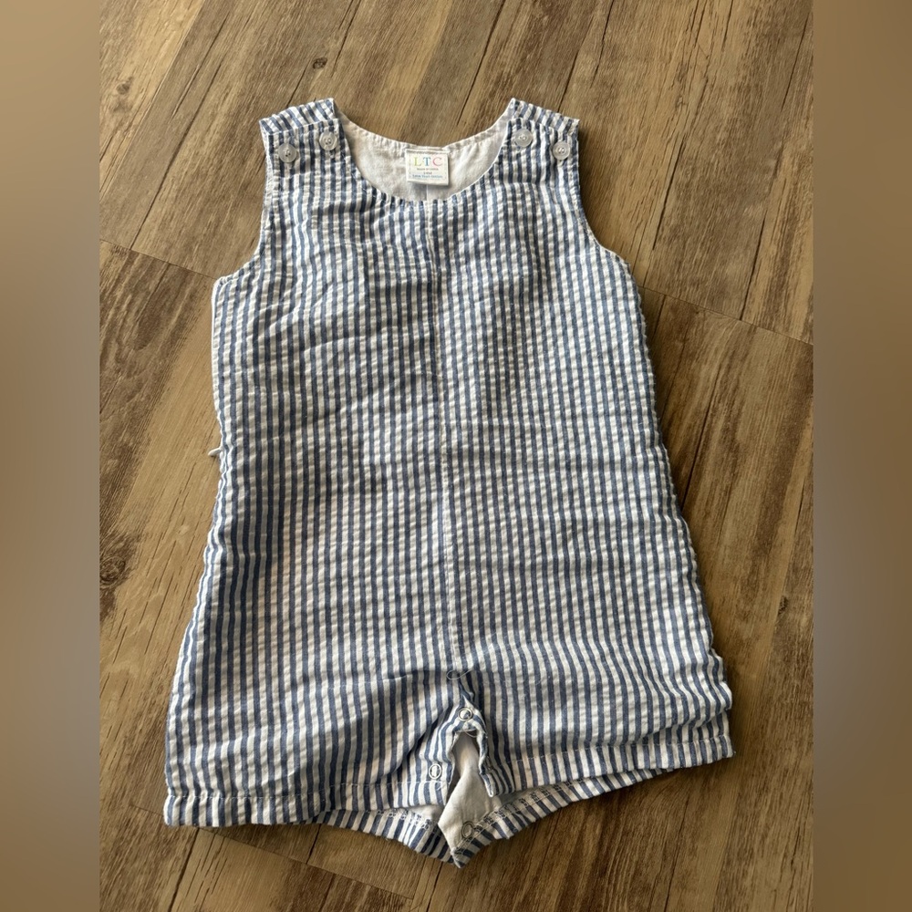 LTC boys blue and white seersucker 24 months shortalls